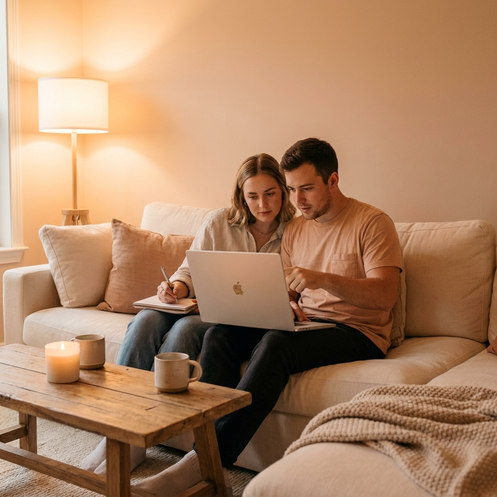 Engaged couple attending the Three Dimensional Vows workshop together on a laptop at home